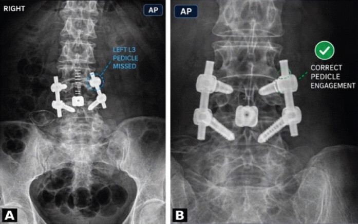 Figure 4: (a and b) X-ray showing pedicle miss in left L3 pedicle with redirected screw.