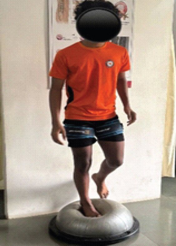 Figure 2: Blood flow restriction training - single-leg balance on BOSU ball.