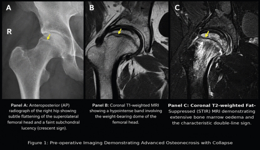 Figure 1: (a, b, and c) pre-operative imaging demonstrating advanced osteonecrosis of the right femoral head with collapse and secondary degenerative change.