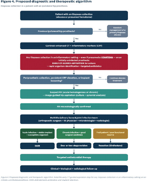 Figure 4: Proposed diagnostic and therapeutic algorithm. Note the early computed tomography-guided aspiration step for any iliopsoas collection in an inflammatory setting on an initially uninfected prosthesis. DAIR: Debridement, antibiotics, and implant retention.