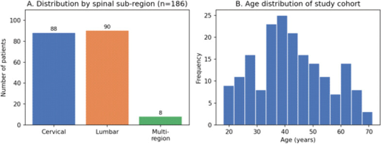 Figure 2: Distribution of the study cohort by spinal sub-region (a) and age (b) (n = 186).