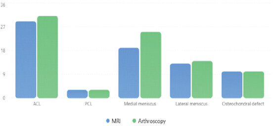 Figure 1: Distribution of injuries detected by magnetic resonance imaging and arthroscopy.