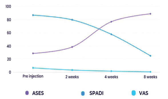 Graph 2: Functional outcomes and Visual Analog Scale scores at pre-injection and post-injection visits.