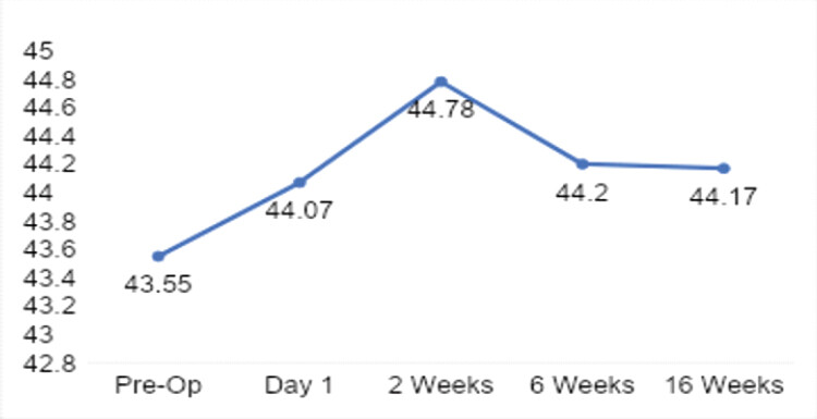 Figure 1: Thigh girth at each time point. Bar graph showing mean thigh girth (cm) at pre-operative baseline, post-operative day 1, 2 weeks, 6 weeks, and 16 weeks. No statistically significant change was observed at any time point (P > 0.05), indicating preservation of muscle bulk throughout the rehabilitation period. Error bars represent standard deviation.