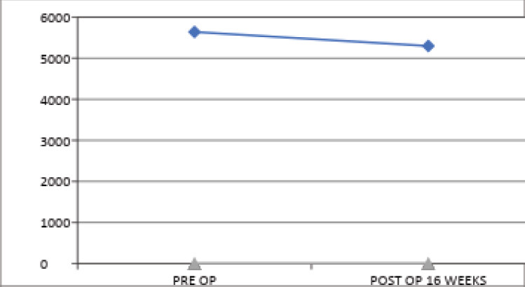 Figure 2: Quadriceps cross-sectional area on magnetic resonance imaging preoperatively and at 16 weeks postoperatively. Axial mid-thigh magnetic resonance imaging-derived cross-sectional area (mm2) at both time points. A non-significant reduction of approximately 6% was observed (5637.40 ± 1043.88 vs. 5295.25 ± 916.24 mm2; P = 0.123), below the threshold for clinical relevance. Error bars represent standard deviation.