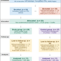 Figure 1: CONSORT-equivalent flow diagram showing participant screening, enrollment, allocation, follow-up, and analysis. OPD: Outpatient department, MRI: Magnetic resonance imaging, IEC: Institutional Ethics Committee, CTRI: Clinical Trials Registry India. Reasons for loss to follow-up (total n=33): Refused/denied participation n=26; mobile unreachable/incorrect/switched off n = 3; unable to attend OPD (personal/commuting reasons) n = 4; underwent surgery n = 2; death unrelated to intervention n = 1 patient (2 knee entries). Per-group split of lost-to-follow-up distributed equally (study group n = 17, control group n = 16). Source: Master chart Sheet1, AIIMS Rajkot Year-1. IEC approval: AIIMS/RAJKOT/6th IEC/FB/02|CTRI registration: CTRI/2025/02/081105 | Follow-up time points: Baseline, months 3, 6, 9, 12, 15, and 18.