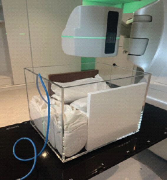 Figure 1: Custom phantom setup using RW3 slabs and rice bags in an acrylic container for tissue-equivalent simulation during extracorporeal irradiation.
