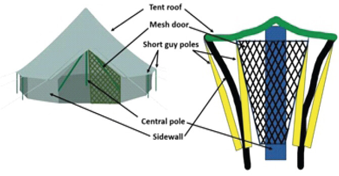 Figure 3: Illustration of the “bell-tent technique;” arrows denote corresponding parts of the “tent,” namely the central pole, short-guy poles, roof, sidewalls, and mesh door.