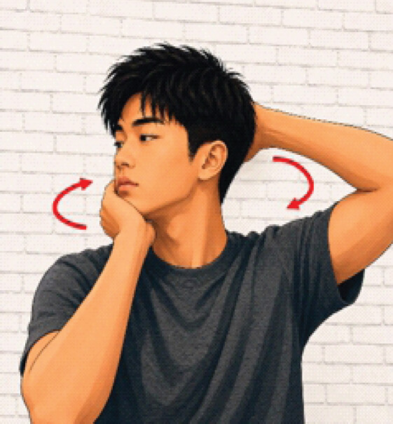 Figure 1: The author demonstrating how the patient performed manual manipulation of his own cervical spine. The red arrows illustrate the rotary forces applied by each hand.